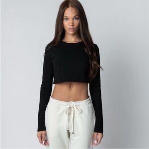 🖤5/$25 100% supima cotton Black Long Sleeve Crop top boatneck slightly  crop fit